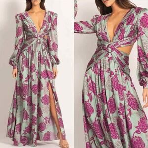 NWT $1250 Patbo Celia Purple Floral Blouson Sleeve Lined Cutout Maxi Dress Sz 8